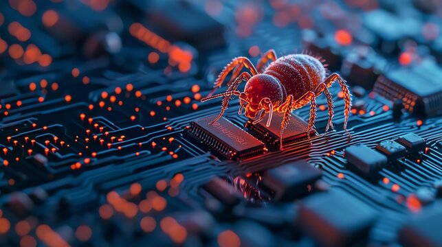 Digital illustration of a virus depicted as a red bug crawling on a computer motherboard, representing cybersecurity threats and malware.