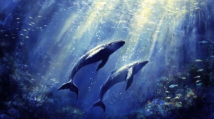 Obraz premium Two majestic whales swimming gracefully in deep blue ocean waters illuminated by sun rays filtering through the surface