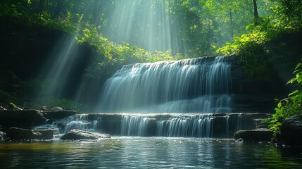 enchanting waterfall cascading through lush park sunlight filtering through foliage mist rising vibrant greenery peaceful oasis long exposure effect