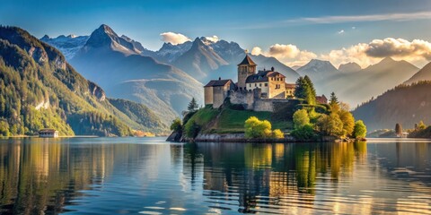 Obraz premium Ancient castle floating on a lake with stunning mountain backdrop, castle, lake, mountains, scenic, landscape, nature