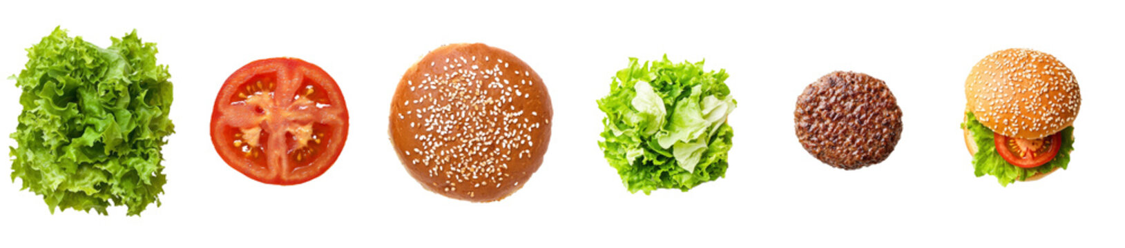 A hamburger with ingredients bread bun, meat, and lettuce for cooking, isolated on a white background.