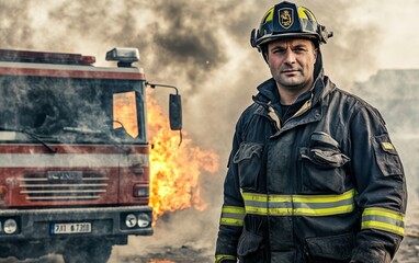Naklejka premium A firefighter stands confidently in front of a fire truck amidst smoke and flames, showcasing bravery and emergency response.