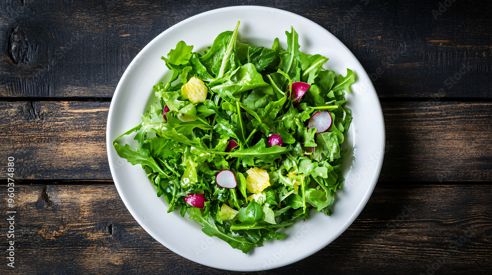 Wall mural arugula, radish, and pear salad presented on a white plate atop a rustic wooden table