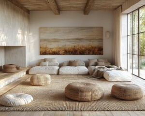 Serene Scandinavian Living Room with Light Wood Floor, White Walls, and Natural Fabrics Bathed in Warm Sunlight