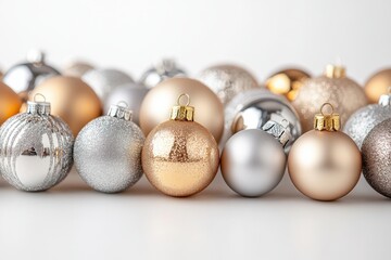 holiday decorations, elegant holiday banner design with neatly arranged golden and silver christmas balls on a white background evokes a modern feel