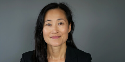 Studio headshot of mature professional Asian woman wearing business suit, gray background