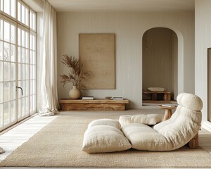 Serene Scandinavian Modern Living Room with White Color Scheme, Light Wood Furniture, and Soft Cotton Curtains for Natural Light
