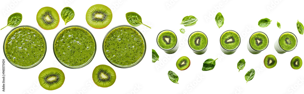 Poster summer drink and beverage for refreshment, kiwi smoothie with slices and green leaves isolated on a 