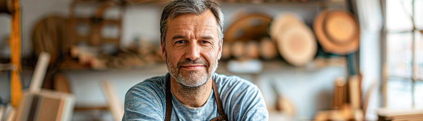 Obraz premium A man with a beard and gray hair is smiling in front of a woodworking shop