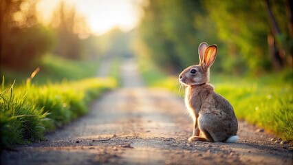 Fototapeta premium A cute rabbit sitting on a rural road , wildlife, fluffy, animal, adorable, countryside, outdoor, nature, furry, mammal, hare, bunny