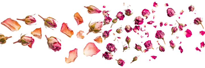 The buds of a dry herb rose flower fall on a background of a beautiful botanical herbal.