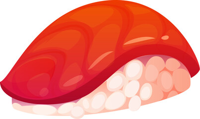 Cartoon Japanese nigiri sushi roll featuring a topping of tuna fish slice over a bed of vinegared rice. Isolated vector traditional Japan food, sushi piece, Asian culinary art, oriental appetizer