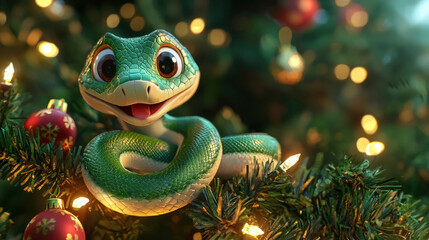 Fototapeta premium new year of the snake. A cheerful green snake character joyfully wrapped around a Christmas tree adorned with colorful ornaments and warm glowing lights during the festive season