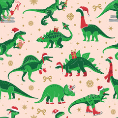 Dino Christmas Party Tree Rex. Dinosaur in Santa hat decorates. Vector seamless pattern of funny character in cartoon flat style.