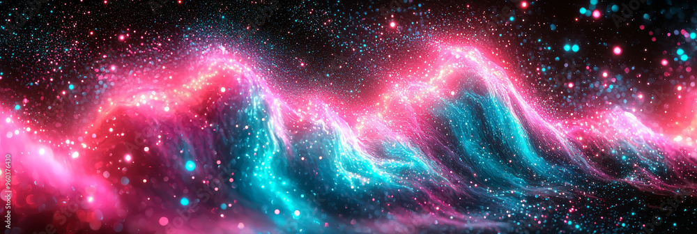 Wall mural abstract galaxy with pink and blue waves, sparkling with lights.