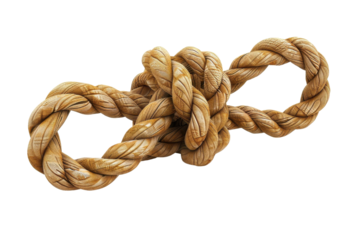 A tightly wound, natural fiber rope knot showcasing intricate loops and textures, ideal for artistic and practical uses.