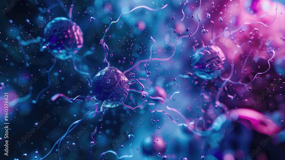 Poster vibrant microscopic view of neurons displaying intricate details and colorful lights, representing a