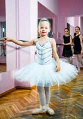 Fototapeta premium Ballet dancer poses in a studio with mirrors during a practice session. A young ballet dancer in a white tutu stands proudly at the barre in a dance studio
