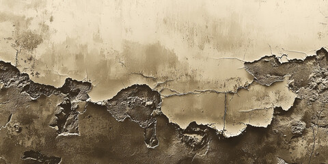 A close-up of a weathered wall with peeling paint and cracks. The wall is a combination of light and dark brown colors.