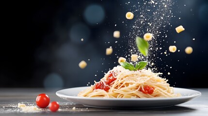 A cascade of pasta with marinara sauce and grated cheese falling down