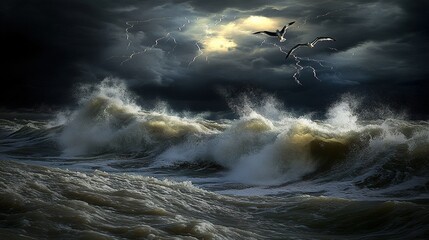 Fototapeta premium Dramatic seascape featuring turbulent waves and stormy skies at dusk, with seabirds soaring amidst the lightning