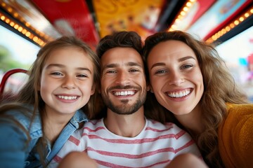 Naklejka premium Happy family enjoying quality time together at an amusement park, smiling and capturing joyful moments on a fun ride.