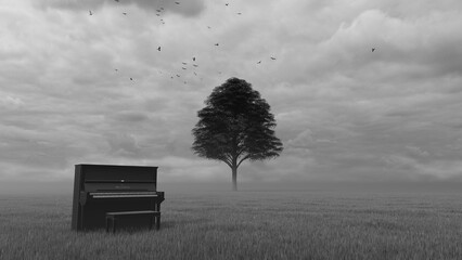 A lonely piano in the meadow. © adobedesigner
