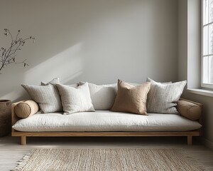 Modern Scandinavian Living Room with Light Grey Sofa and Simple Patterned Throw on Light Wood Floor