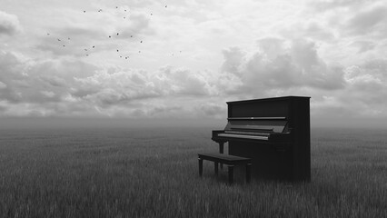 A lonely piano in the meadow.   © adobedesigner