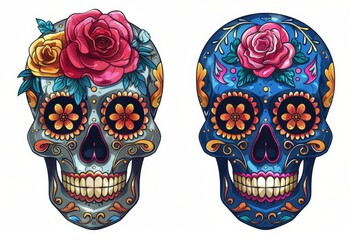 Two intricately designed sugar skulls adorned with bright flowers, celebrating the Mexican Day of the Dead tradition in a colorful and artistic style.