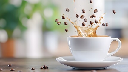 Coffee beans falling in slow motion with a cup of coffee splashing below