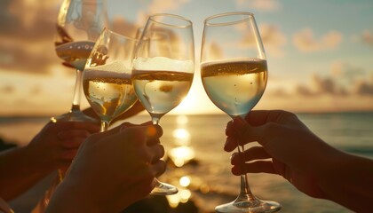 Sipping Sunshine: A Group of Girlfriends Toast with White Wine at Sunset