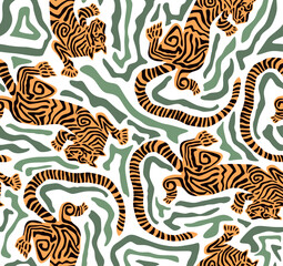 Tiger Art Seamless Pattern On Beige background Wallpaper illustration Vector, Safari Wildlife, Tiger Seamless Pattern, Tiger Print, Animal Print