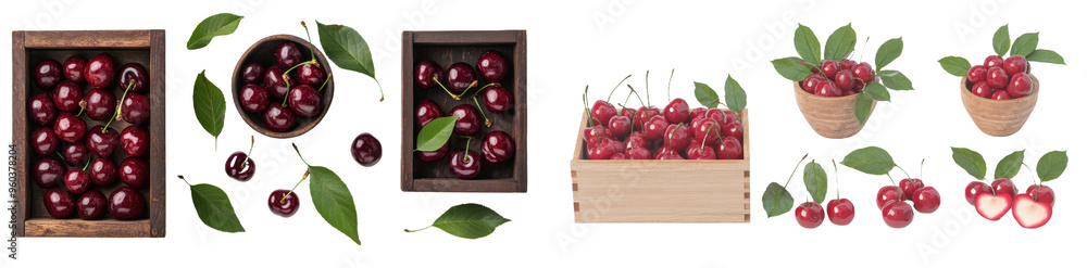 Poster a collection of cherries and other berries in various containers and arrangements, a fruit that is p