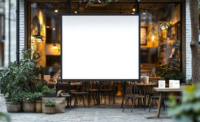 Hyper realistic photo of  Billboards or White promotion poster displayed on the front of the restaurant