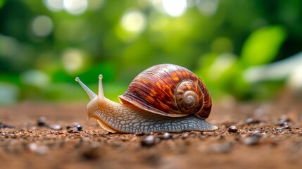 A close-up of a snail with a beautiful spiral shell, slowly moving on the ground with blurred green background.