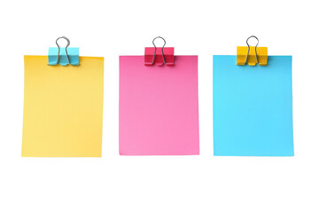 Colorful sticky notes with clips in yellow, pink, and blue for reminders or brainstorming. Ideal for office or study environments.