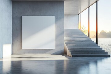 Obraz premium Hyper realistic photo of Contemporary concrete interior with empty banner , copy space for text,