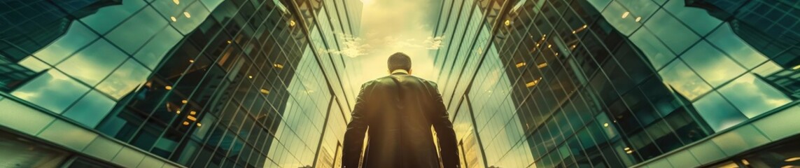 A businessman stands confidently in an urban landscape, illuminated by the warm glow of the setting sun between towering buildings.