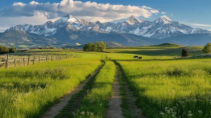 Majestic Mountain Range Overlooking Serene Green Meadow with Winding Dirt Road