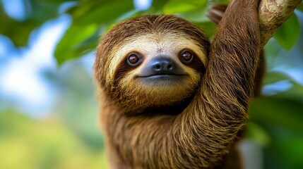 Fototapeta premium A happy sloth hangs from a tree branch, lazily smiling at the world around it.