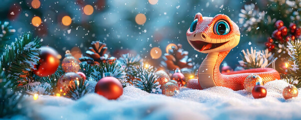 new year of the snake. A cheerful cartoon snake smiles in a snowy landscape decorated with festive lights during the winter holiday season near cozy houses