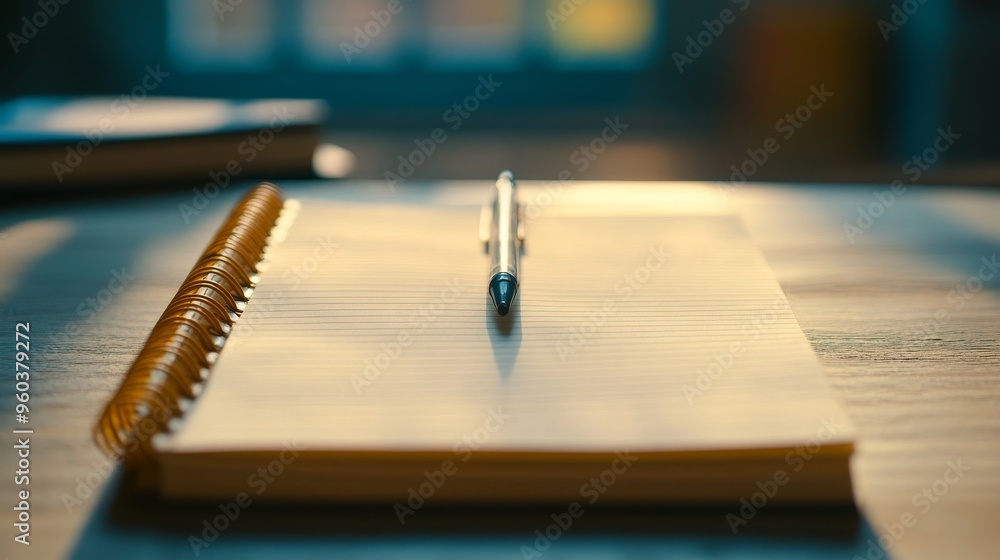 Poster a blank notepad with a pen resting on it, suggesting readiness for writing or note-taking in a seren