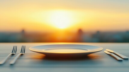 Abstract table setup, blurred edges with sharp focus on dinner plate, soft golden hour light filtering through, Artistic, Warm tones