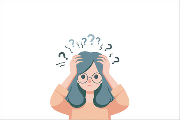 Confused woman scratching her head with question mark in flat design on white background. vector illustration.