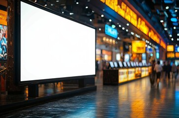 Hyper realistic photo of  blank showcase billboard or advertising light box for your text message or media content with blurred image of ticket sales counter at movie theater