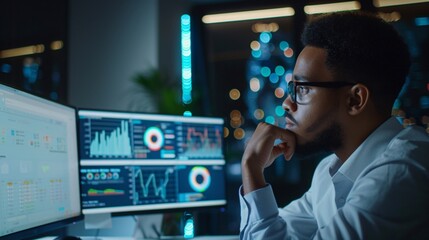 Fototapeta premium Businessman Analyzing Financial Data on Multiple Computer Monitors