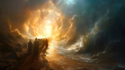 Fototapeta premium Capture the serene yet powerful moment as Moses, standing tall with his staff, leads the Israelites through the parted Red Sea, the water forming towering walls on each side,