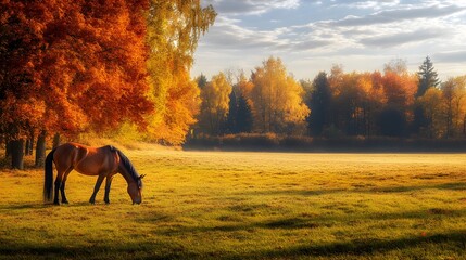 A horse grazing on an autumn meadow with trees