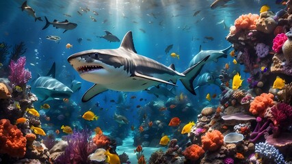 Fototapeta premium shark swimming beneath a school of vibrant fish and a marine creature with vibrant coral 